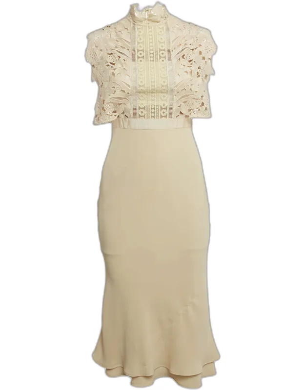 Lace Trim Crepe Midi Dress