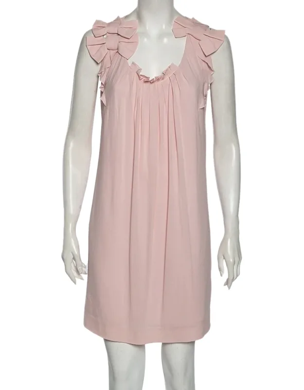 Chiffon Bow Applique Pleated Yolk Detailed Shift Dress