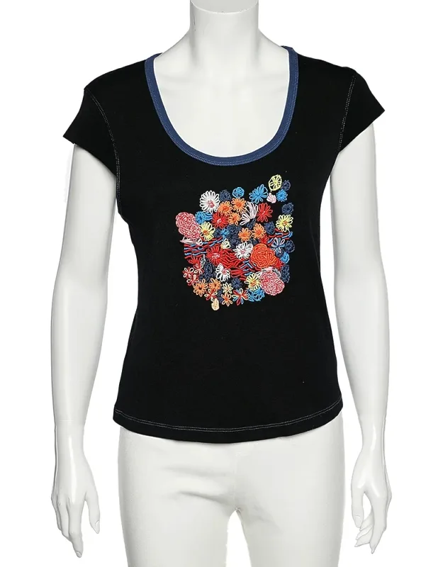 Embroidered Cotton Knit Scoop Neck T-shirt