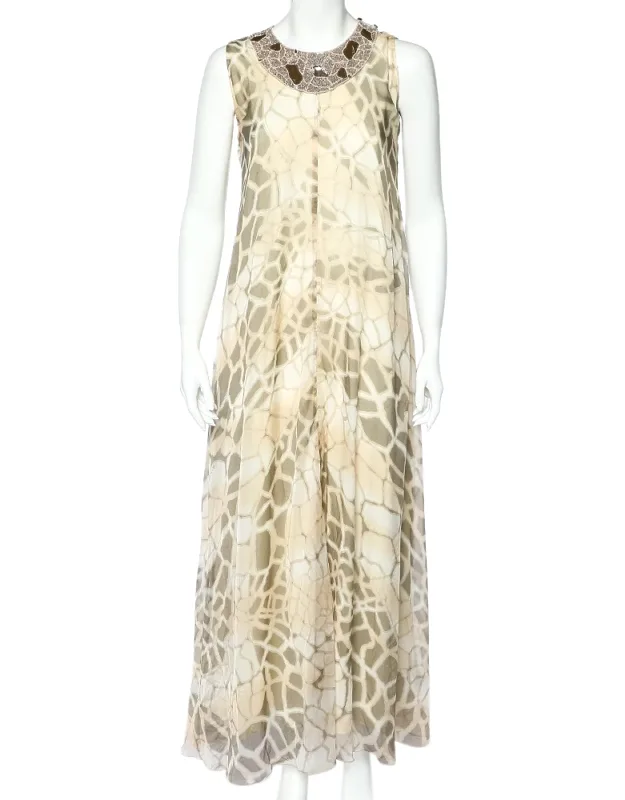 Printed Silk Chiffon Embellished Neck Detail Sleeveless Dress