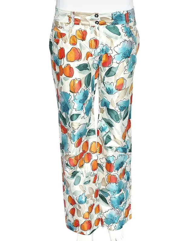 Multicolor Watercolor Painted Silk Trousers