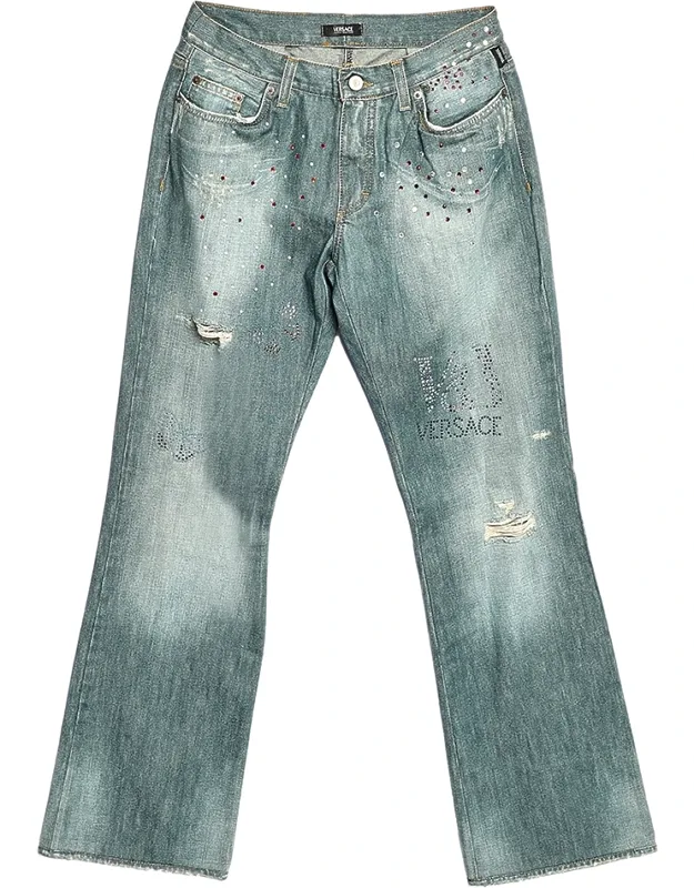Embellished Denim Flared Leg Distressed Jeans