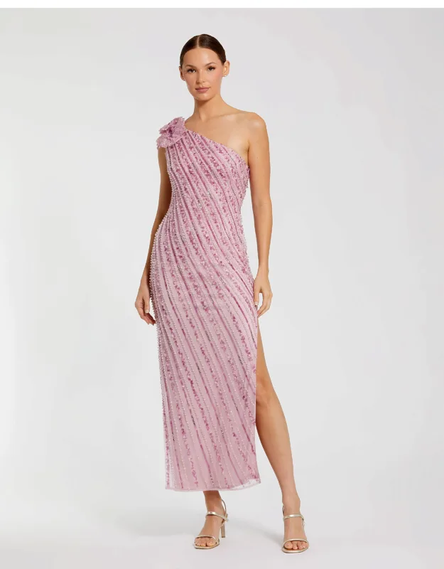 One Shoulder Beaded Mesh Dress With Flower
