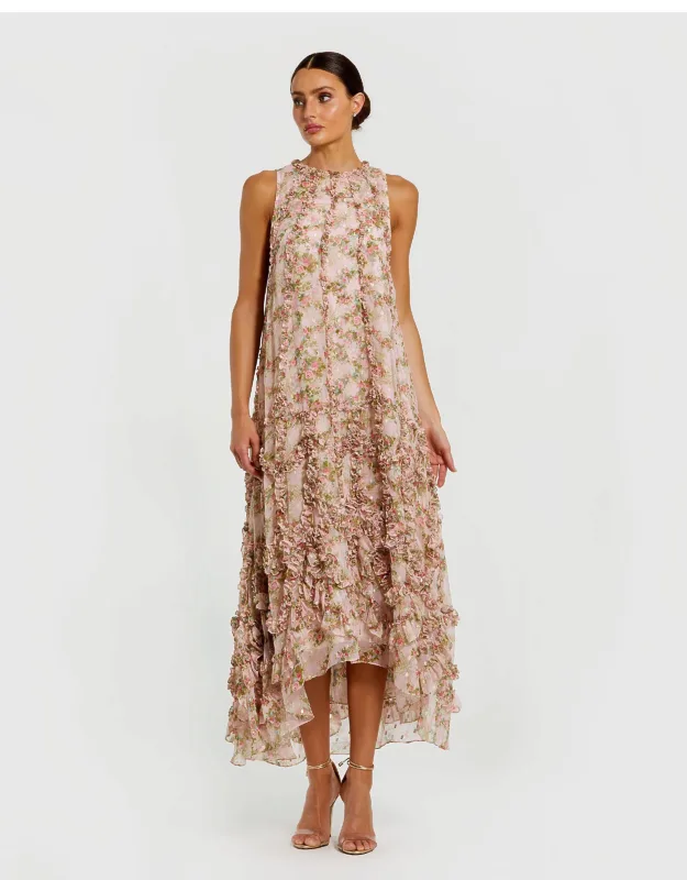 Sleeveless Floral Print Chiffon Micro Ruffle Dress