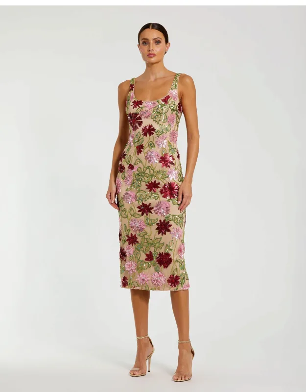 Floral Beaded Mesh Scoop Neck Fitted Wedding Guest Midi Dress