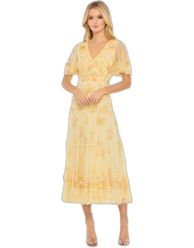 Floral Embellished Flutter Sleeve Tiered Dress