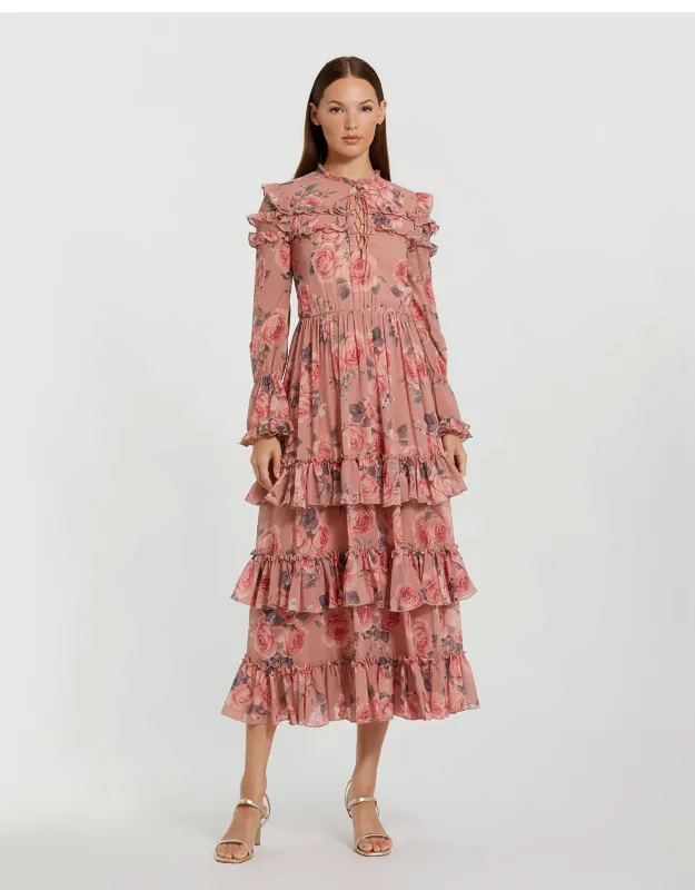 Long Sleeve Lace Up Front Tiered Ruffle Dress
