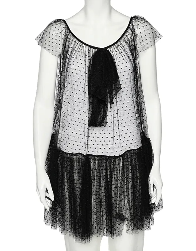 Tulle Ruffled Hem Bow Detail Sheer Mini Dress