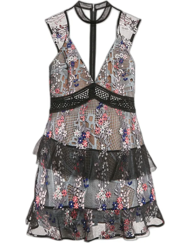 Floral Embroidered Tulle Tiered Mini Dress