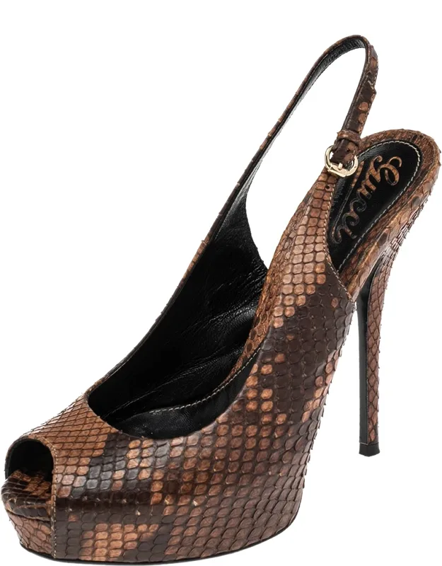 Python Leather Platform Peep Toe Slingback Sandals