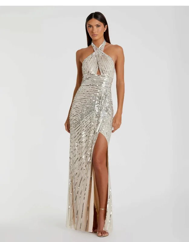 Embellished Keyhole Halter Strap Formal Prom Dress
