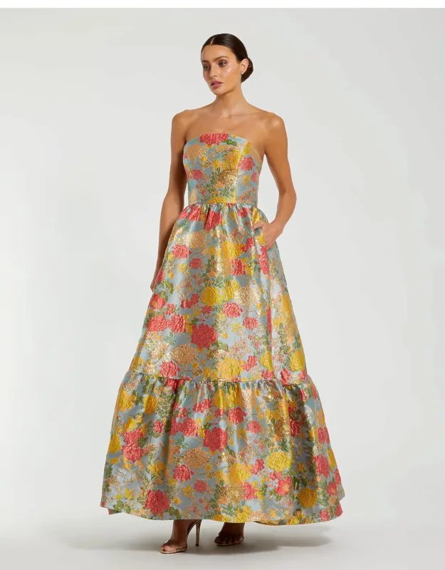 Multicolor Strapless Brocade Floral Wedding Guest Dress With Ruffle Hem