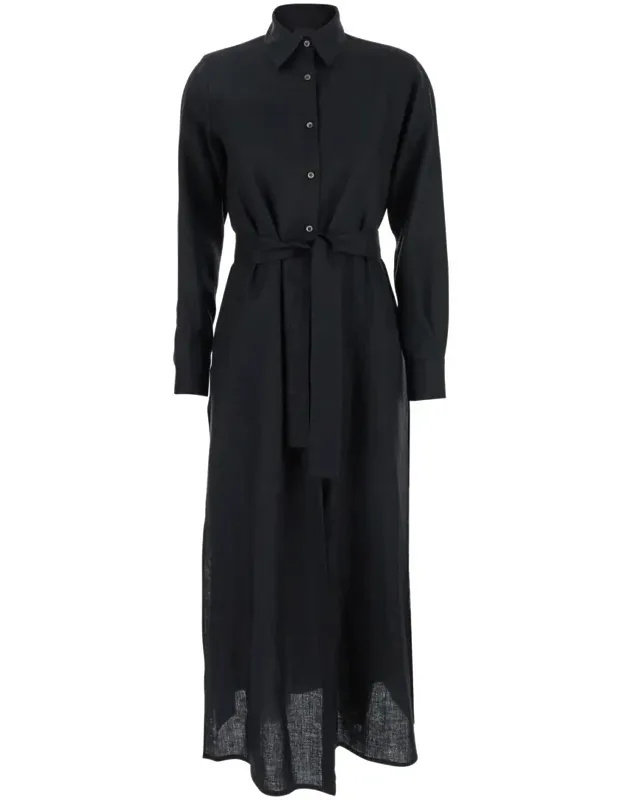 Dress With Classic Collar And Adjustable Skirt In Linen