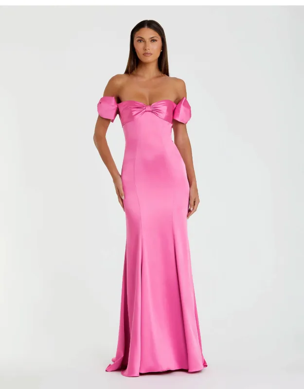 Off The Shoulder Mermaid Satin Wedding Guest Dress With Bows