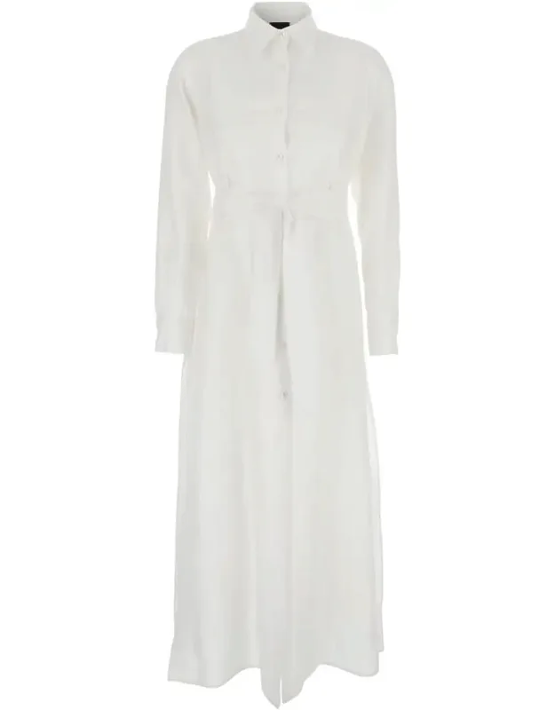 Dress With Classic Collar And Adjustable Skirt In Linen