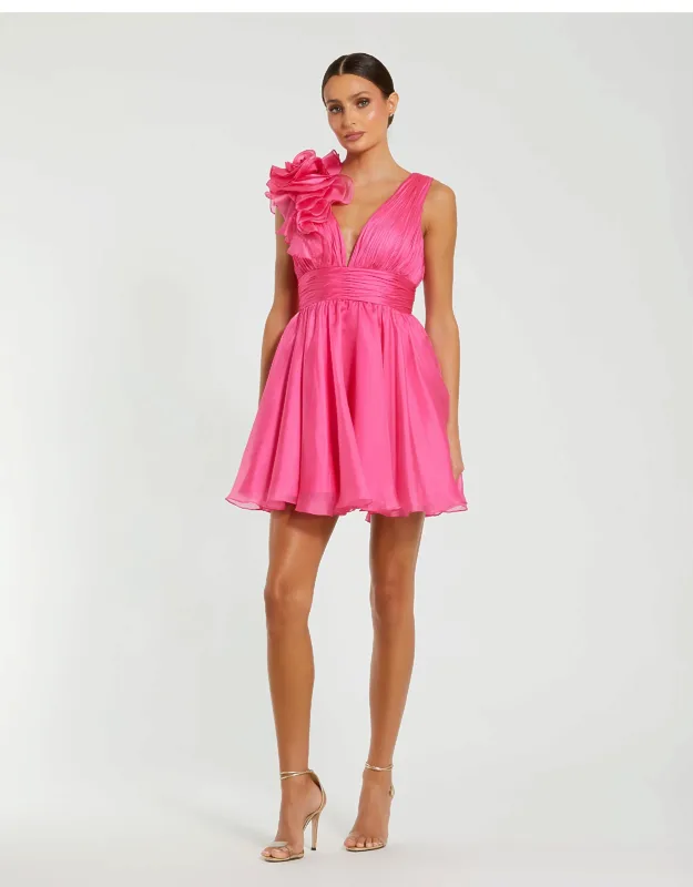 Ruffle V Neck Fit & Flare Wedding Guest Mini Dress