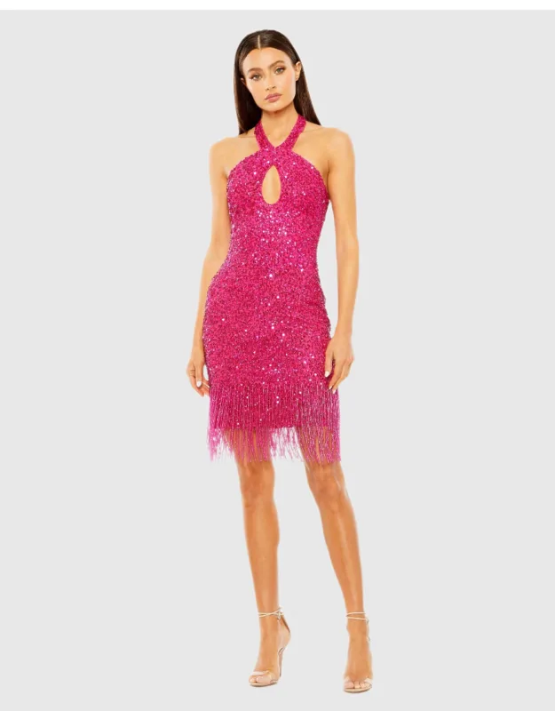 Pink Cross Front Keyhole Top Beaded Fringee Mini Dress With Beaded Fabric And Halter Neckline