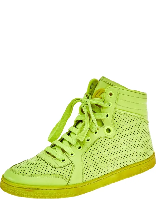 Neon Green Perforated Leather Lace Up High Top Sneakers