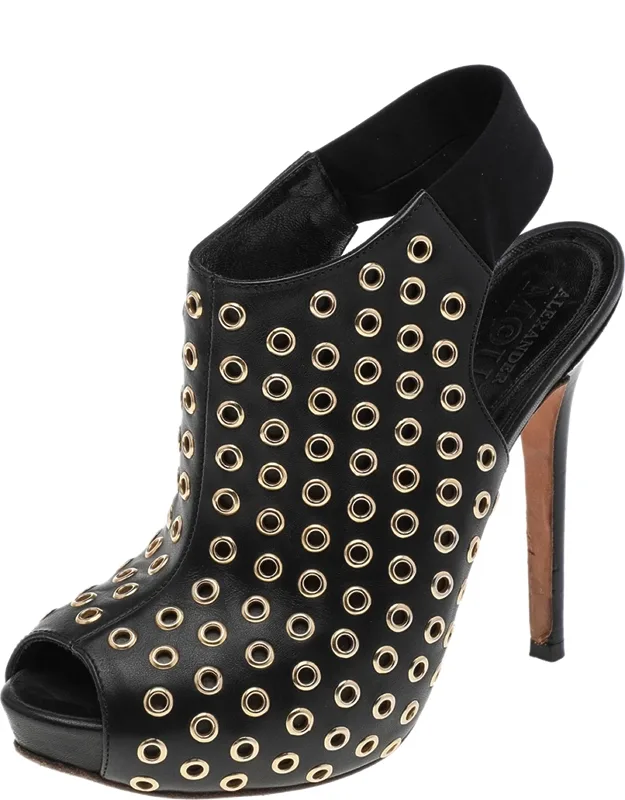 Leather Grommet Peep Toe Ankle Slingback Boots