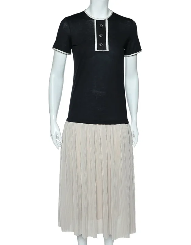 Cotton & Silk Plisse Detail Midi Dress