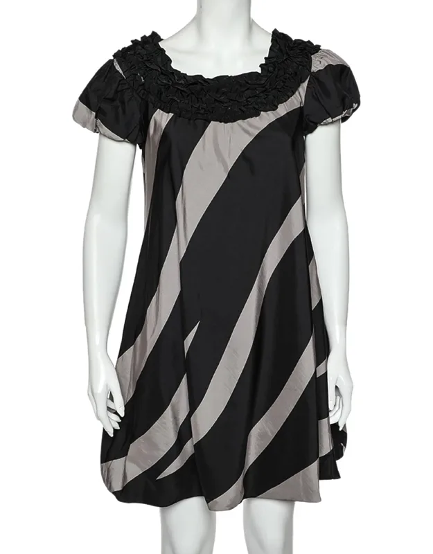 Monochrome Striped Silk Ruffled Neck Detail Mini Dress