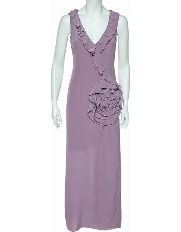 Lilac Silk Chiffon Rose Floral Draped Slit Detail Maxi Dress