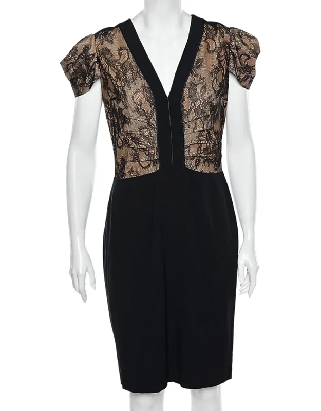 Lace And Crepe Paneled Midi Dress