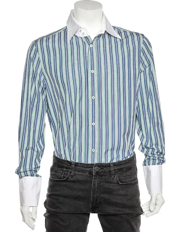 Striped Cotton Contrast Collar Button Front Shirt
