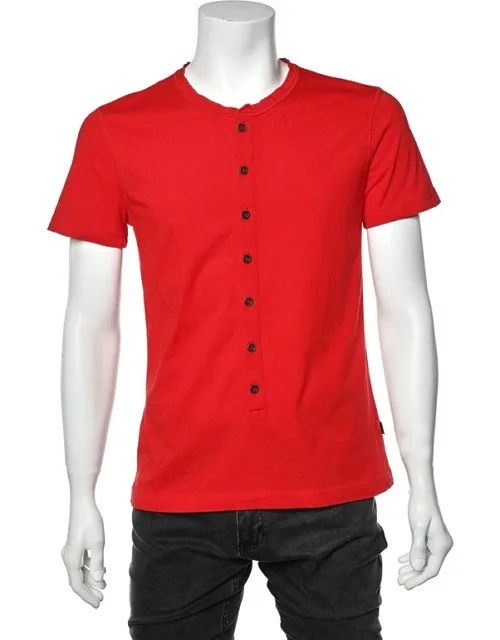 Cotton Knit Logo Embroidered Button Front T-shirt