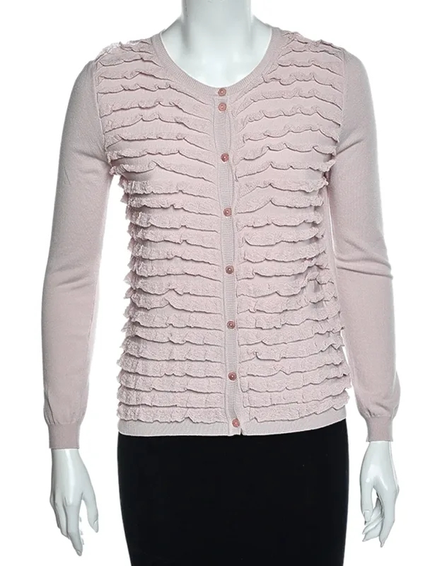 Knit Ruffle Trimmed Button Front Fitted Cardigan