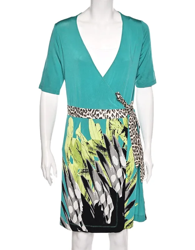 Multicolor Printed Jersey Mini Wrap Dress