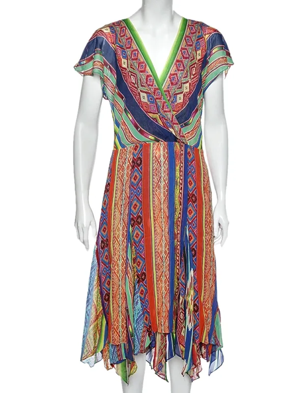 Multicolored Printed Silk Asymmetric Hem Detail Dress