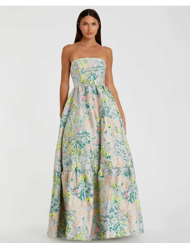 Multicolor Floral Brocade Strapless A-line Evening Wedding Guest Dress