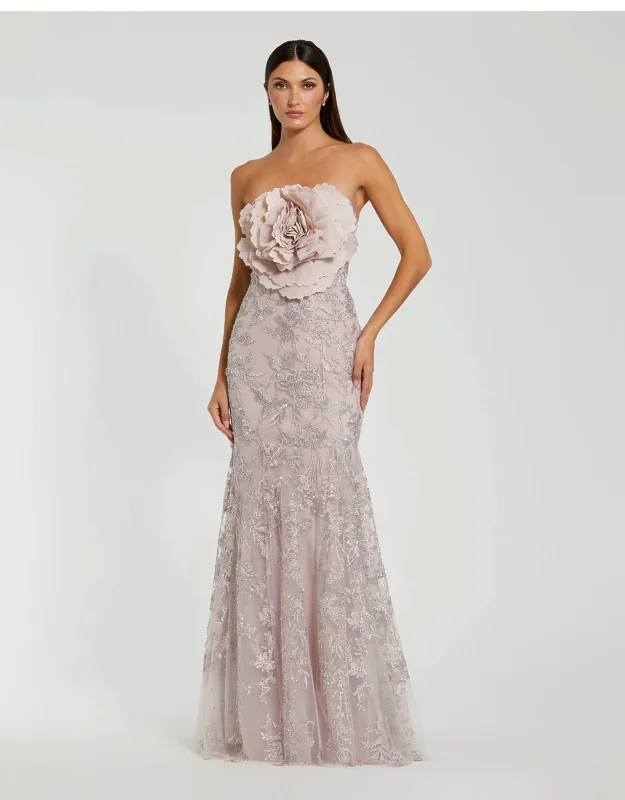 Floral Strapless Beaded Dress With Flower Detail