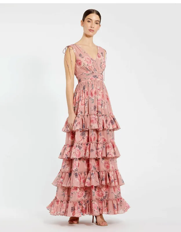 Drawstring Shoulder Chiffon Tiered Floral Wedding Guest Dress