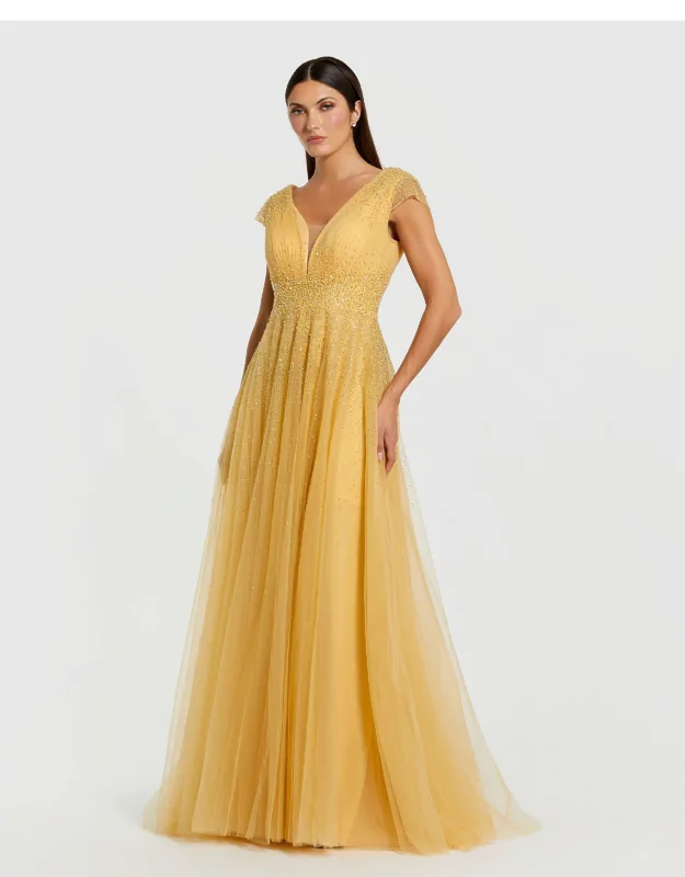 Embellished Tulle Cap Sleeve V Neck Formal Wedding Guest Dress