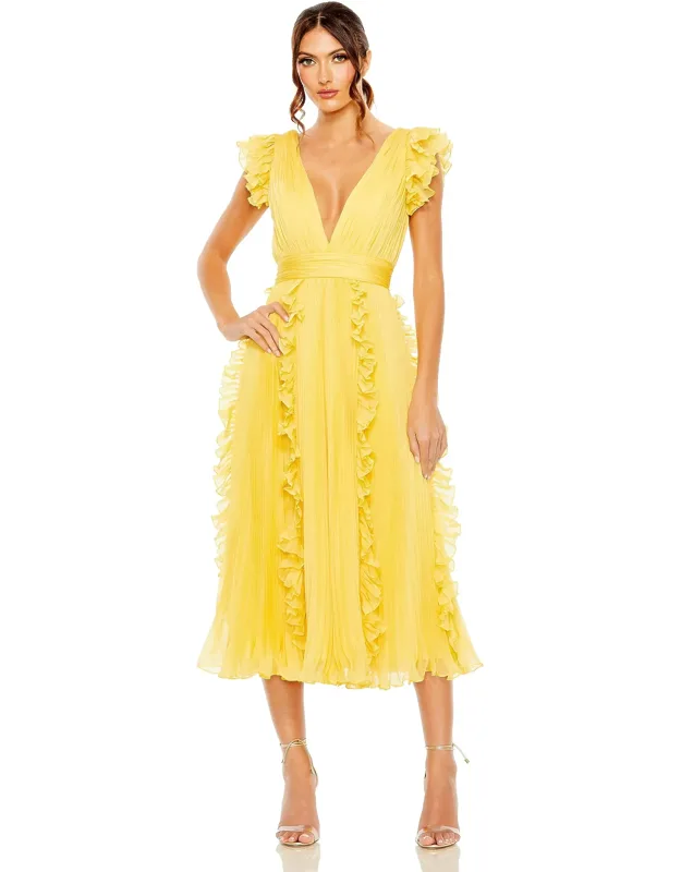 Pleated Chiffon V Neck Ruffle Wedding Guest Midi Dress