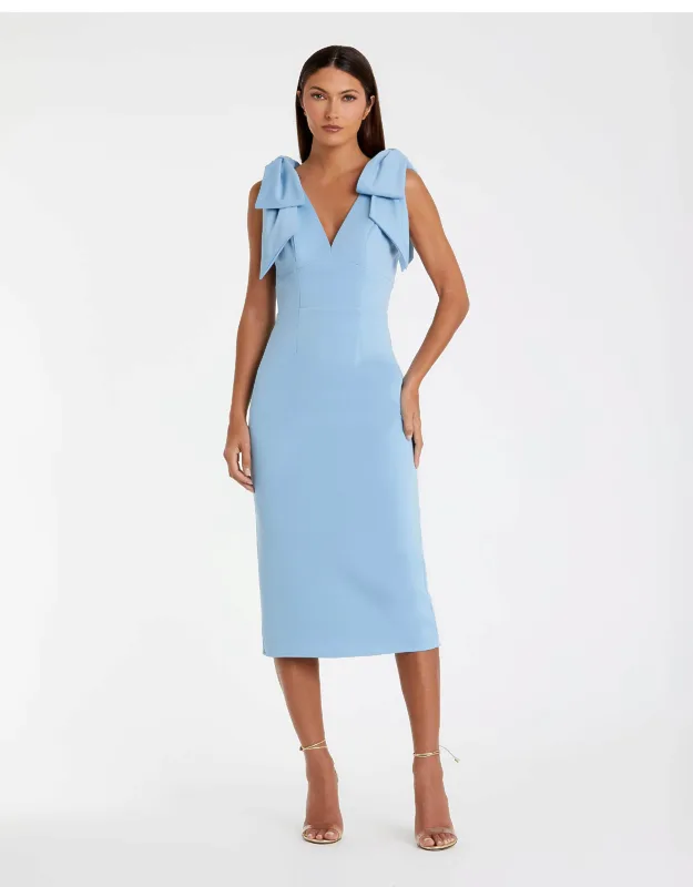 Bow Strap Crepe Fitted Wedding Guest Midi Dress