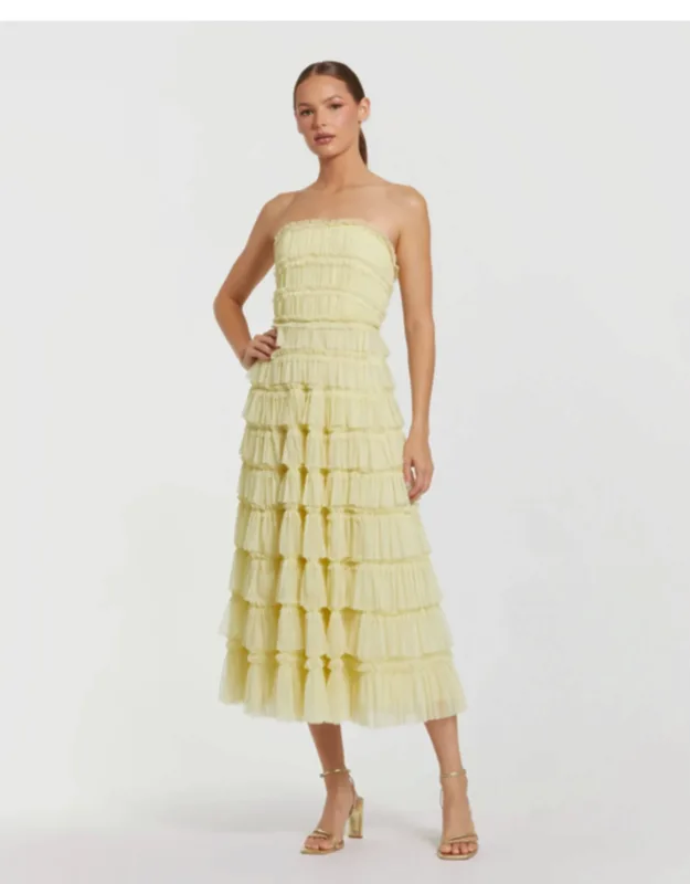 Mesh Micro Ruffle Strapless Wedding Guest Midi Dress