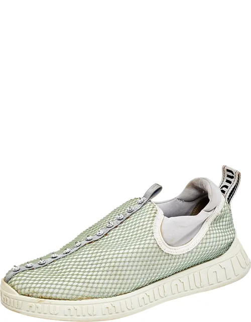 Multicolor Mesh And Neoprene Crystal Embellished Slip On Sneakers
