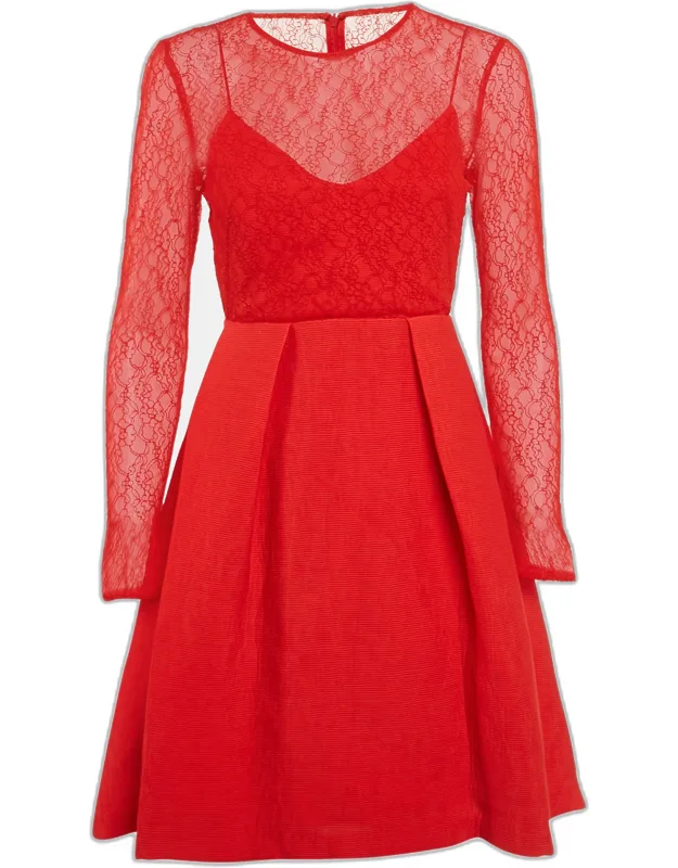 Lace And Textured Crepe Pleated Mini Dress