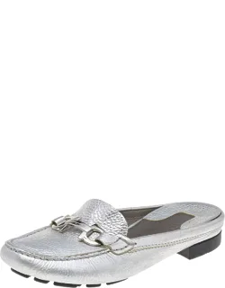 Silver Leather Gancini Slip On Mules