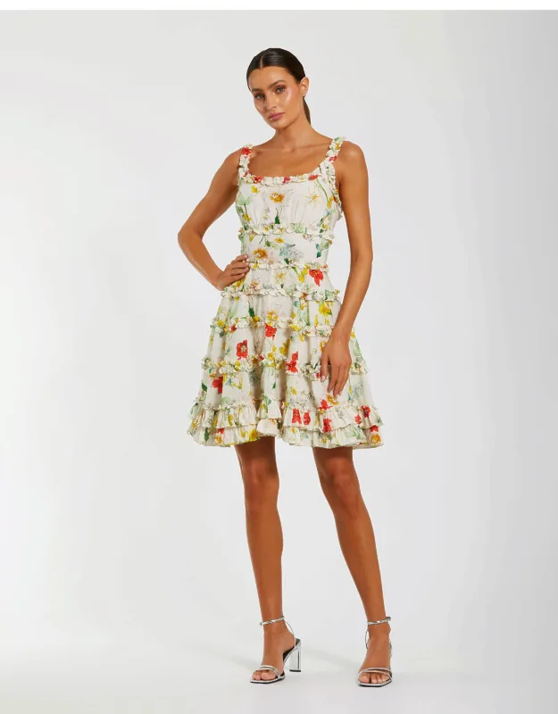 Multicolor Floral Square Neck Ruffle Mini Dress