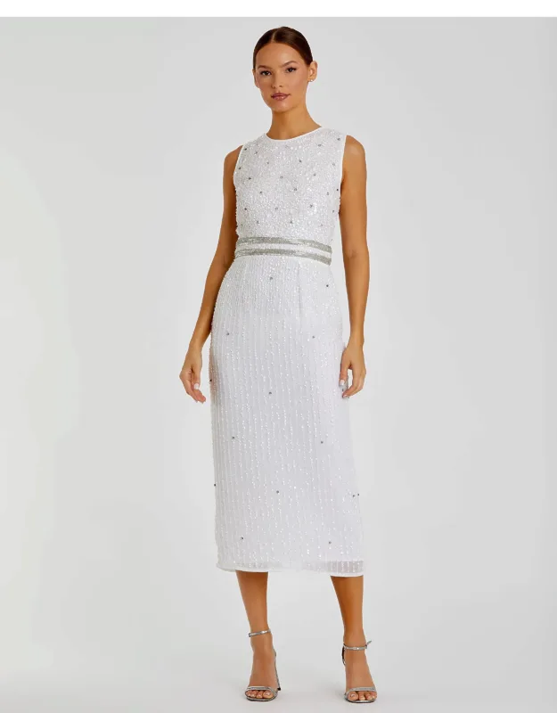 Sleeveless High Neck Beaded Midi Sheath Dress