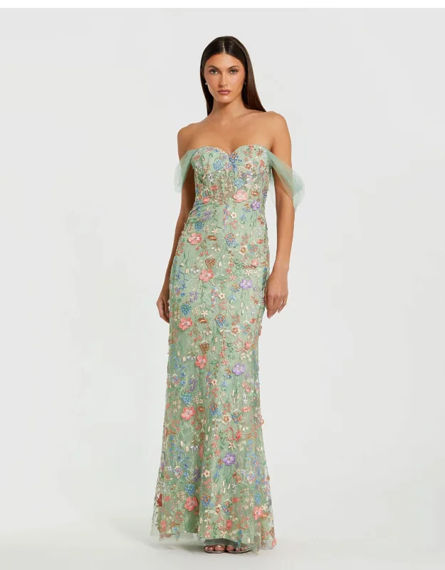 Off The Shoulder Bustier Embroidered Floral Wedding Guest Dress