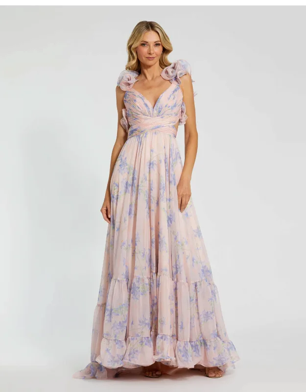Ruffle Tiered Cut-out Chiffon Floral Dress