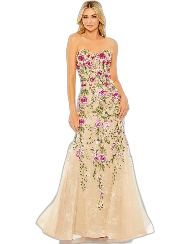 Strapless Bustier Embroidered Mermaid Floral Dress