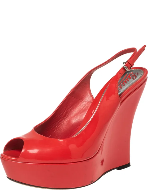Patent Leather Peep-toe Slingback Wedge Sandals