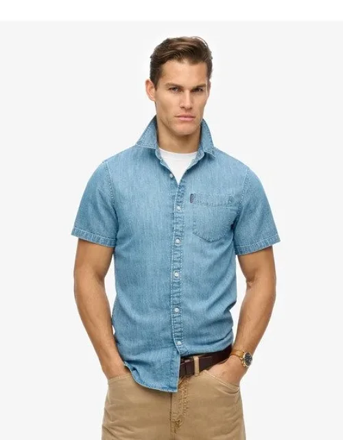 Essential Short Sleeve Denim Shirt With Single Collar And Box Pleat
