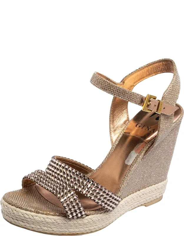 Rose Gold Glitter And Crystal-embellished Leather Espadrille Platform Wedge Sandals